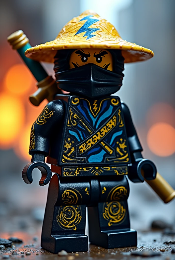 Créer moi un lego ninja go avec pas de muscles et ni de masque le premier maitre du spijisufuturiste de la dernière puissance fusionnaire et doit être en lego un ninja avec un bandeau bleu éclair avec un chapeau de paille en rond en jaune et avec une peau noir et un regard terrible avec des yeux ridé en flamme avec une puissance incroyable avec comme puissance élémentaire l’électrique, l’énergie, la terre, le feu, la glace. Les habits du ninja doit être tout noir avec des traces grise anthracite, bleu foncé et golden suprême et fer anthracite avec des reure en forme d’électricité bleu clair et jaune brillant et des écritures japonaises et le parchemin antique sacré le plus puissant en golden. Un ninja imbattable monstrueux beaucoup trop puissant qui contrôle tous les pouvoirs élémentaires. Le ninjadoit être destructeur et soif de victoire un gentil et mechant avec un sabre dans le dos