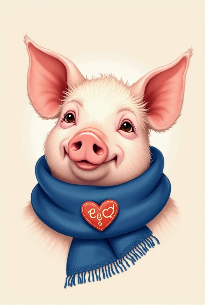 The face of a tender pig, that has the ears back, drawing style, with a royal blue scarf, and have a heart with an E inside and a D on the other side.