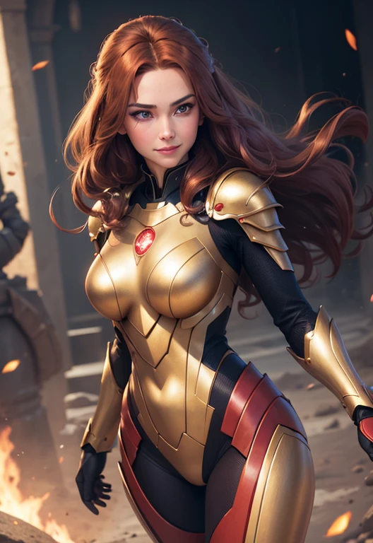 Full-length hyperrealistic photograph of a beautiful woman, hair bobbles, wince, longeyelashes, solid circle eyes, light smile, ear blush, fang, ccurate, shiny red and gold tight armor suit, brown hair, Surrealism, drop shadow, anaglyph, stereogram, tachi-e, pov, atmospheric perspective, 8k, super detail, best quality