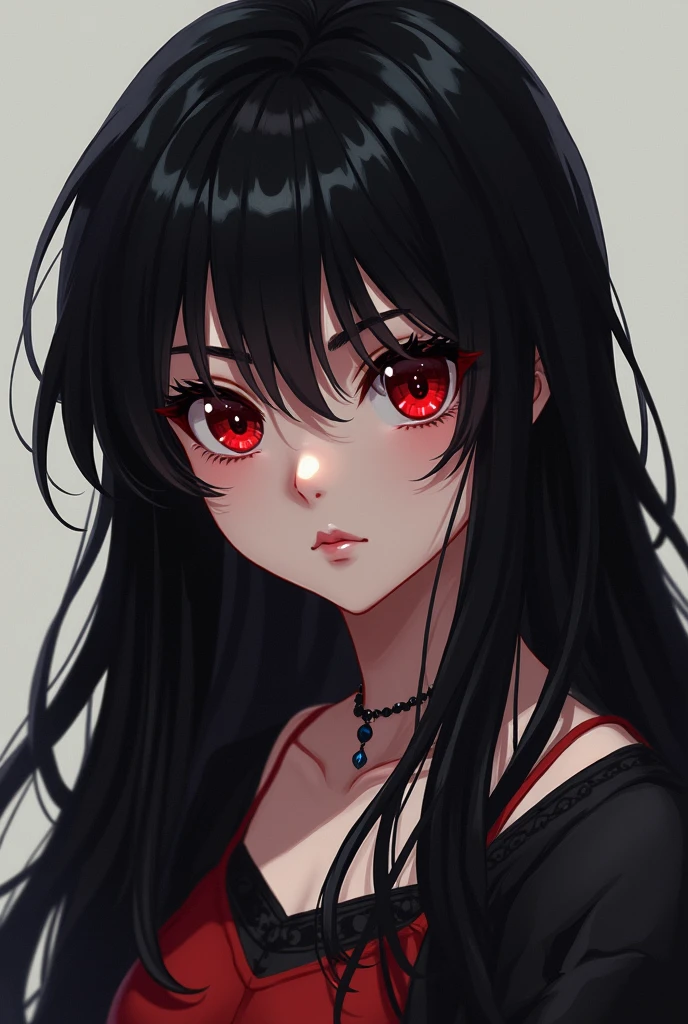 red eyed girl, long black hair 2d anime style