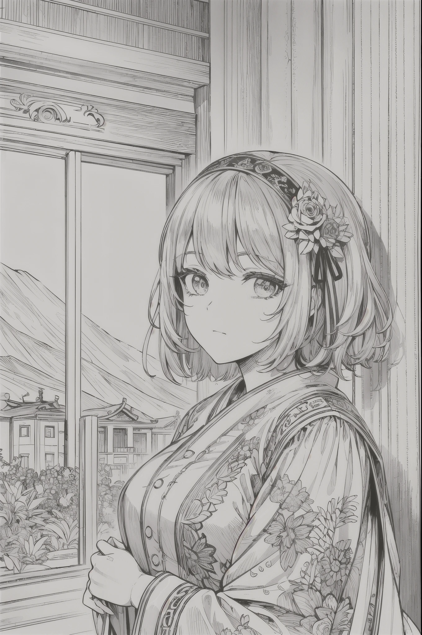 Masterpiece, top quality, one girl, beautiful facial features, short hair, white floral dress, Korean model pose, simple large hair accessory, simple temple wall in background, monochrome, line drawing, Alps mountains.
