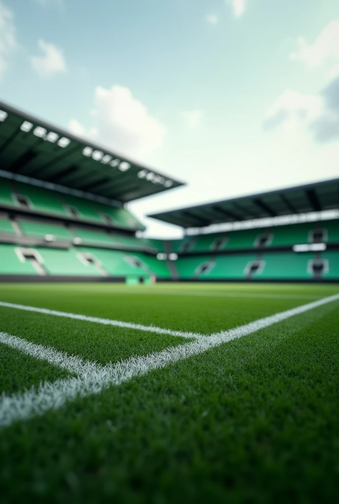 Create an image of small football stadium stands that are green and black., and the image is seen from the front. That only a couple of stands are visible and that the image is taken from the grass of the stadium