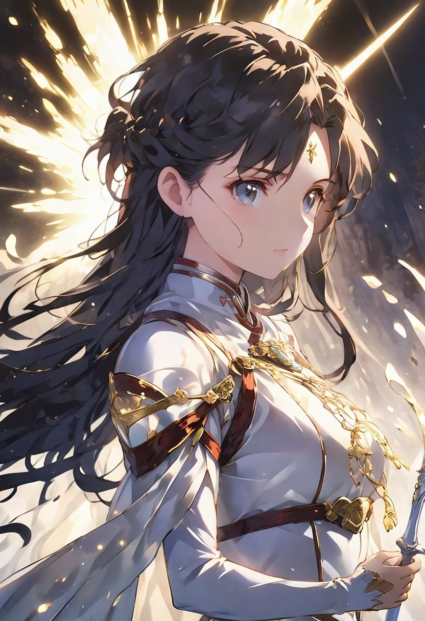 Head to toe,Anime-style illustrations,A strong and brilliant warrior woman standing with confidence,She is clad in shining armor with reflective gold trim, and her long flowing black hair gives off a mystical, almost divine light.,Her eyes are bright、Full of determination、Embodying the essence of courage and bravery,She gripped the shining sword handle tightly in one hand.、Standing in a battle-ready pose,The sword shines、It symbolizes her connection to the power of light.,The background is bright、Beams of light pour down on a celestial scene、It gives her a heroic aura.,The character is centered in the image.、The whole body is drawn so that you can see it all the way down to the feet.、Hall々Standing with confidence。