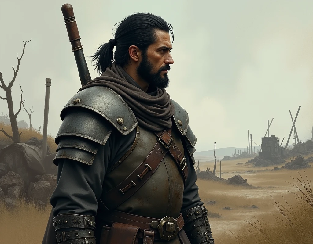 a lonely medieval soldier, shoulder length black hair, short ponytail hairstyle, short beard