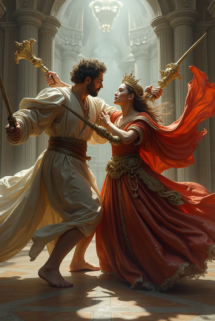 create an image with two characters killing each other, one with the personification of the Renaissance and the other with the personification of the Baroque