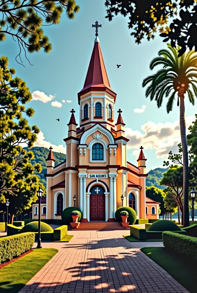 Make an agenda cover with a photo of San Agustin that in the middle says "San Agustin School" and at the bottom has the phrase "If you want to get to know a person, don't ask them what they think but what they love." "