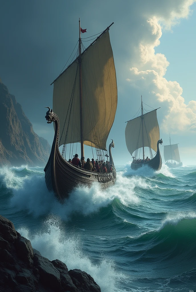 Viking ships in the storm.