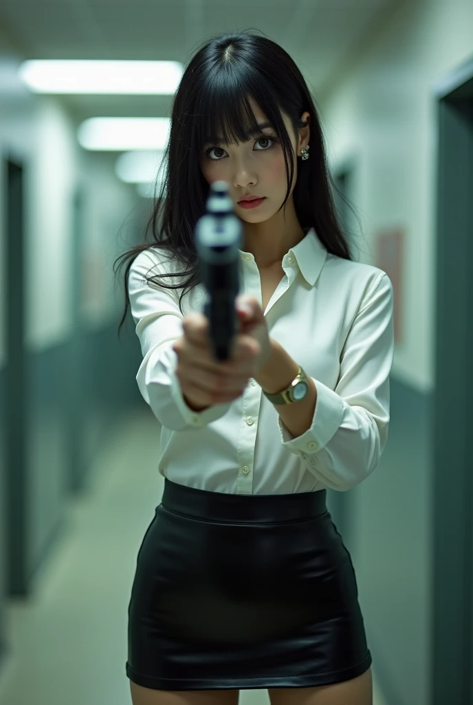 real beautiful sweet big eyes office lady japanese white shirt latex low mini skirt standing legs open wide spreading full portrait holding rifle gun pointing at you front facing aiming at you