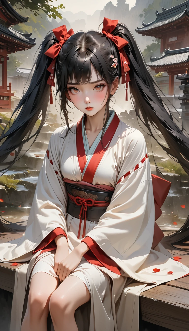 (masterpiece, Highest quality, RAW Photos, Surrealism, 8k, Very detailed, so beautiful,Realistic,Ultra-high resolution, photo), ( The perfect human body, Silky skin, Realistic Skin, country, Japanese Shrine Maiden,Bored face, Narrow waist, Thin legs, Baby Face, beautiful and cute face), (Round face, Black Hair, Twin tails、Watery eyes, Shining Eyes, The hair is long and black, bangs, Lowered eyebrows, A slight blush), (Turn your body forward), (Staring at the audience),Natural light、whole body、full length