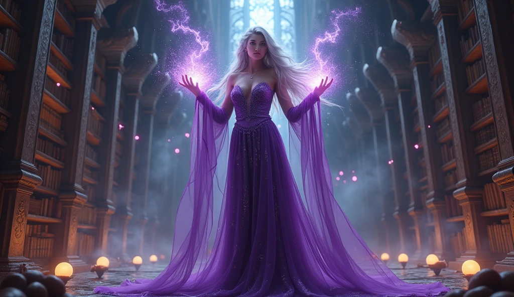 A captivating enchantress with silver hair and glowing violet eyes stands at the center of a dark, ancient library. She is dressed in a deep purple, semi-transparent gown that flows around her like mist, revealing glimpses of her toned body. Her hands are raised, casting a spell that makes the air around her shimmer with dark energy. Books and scrolls levitate around her, and the room is lit by the soft glow of floating, magical orbs. The background is filled with ancient, towering bookshelves, and the atmosphere is thick with the scent of old paper and the echo of whispered incantations. Aim for realistic depiction, make sure photos are at highest resolution (8K).