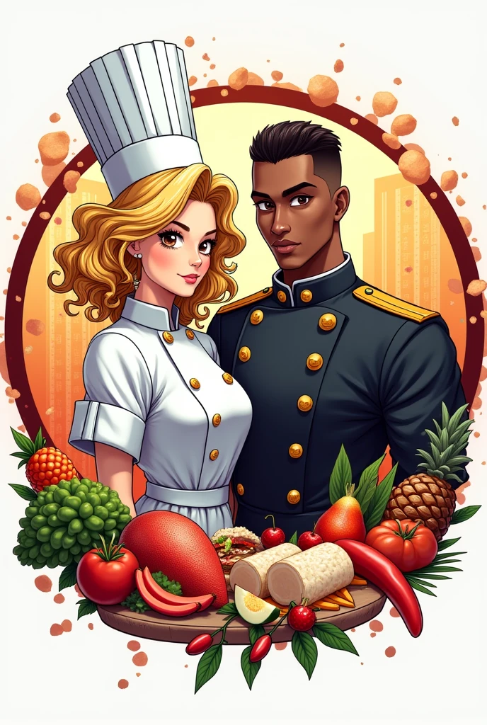 Create me a circular logo for my restaurant where a blonde curly-haired woman with brown eyes appears, who is the chef, next to a black-skinned soldier. (military cut) where both are surrounded by lots of food, Everywhere there is food on them too . I need it to be creative, urban type and anime style