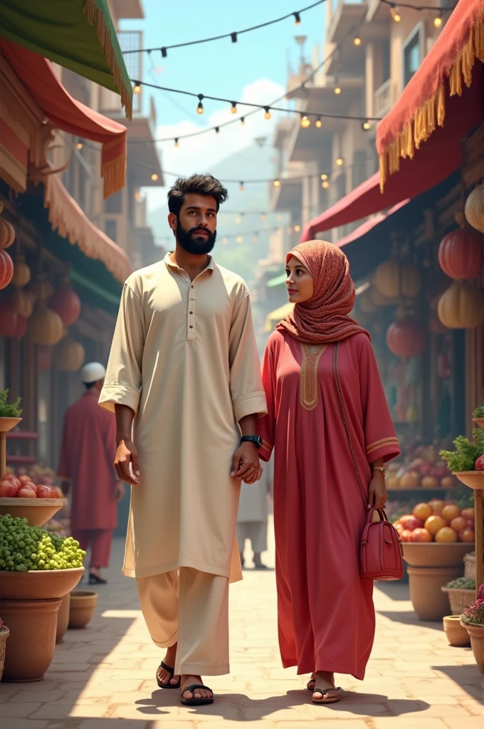 A man wearing pajama and kurta and his wife wearing hijab going to market