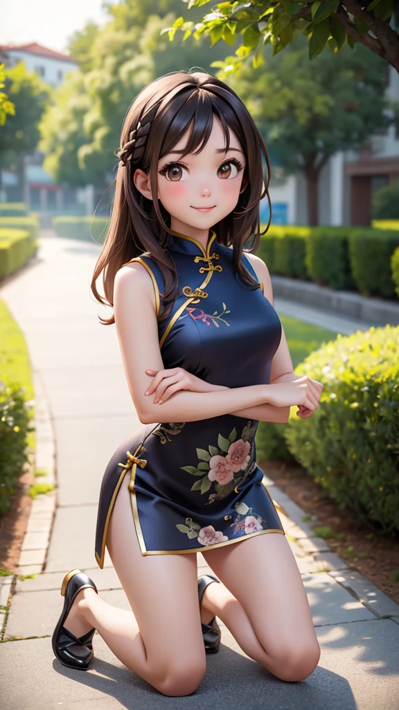 ((6ar olirl:1.5)), 
complete anatomy, childdy, child, super  girl, little girl,  randes,random angles,

cheongsam, one-piece cheongsam, bun hair, navy blue clothes with gold embroidery, gold embroidery, navy blue cheongsam, Forbidden City Square, Tiananmen Square,

beautiful girl, 1 girl,loli, petite girl, top qlity, terpiece, high eyes,drooping eyes,(realism: 1.2)), petite, bangs, tall eyes, natural light,(aquamarine eyes),
bangs,
beautiful girl with fine details, Beautiful and delicate eyes, Beautiful girl, detailed face, Beautiful eyes, beautiful shining body,

 dynamic far view shot,cinematic lighting, perfect composition, by sumic.mic, ultra detailed, official art, masterpiece, (best quality:1.3), reflections, extremely detailed cg unity 8k wallpaper, detailed background, masterpiece, best quality, (masterpiece), (best quality:1.4), (ultra highres:1.2), (hyperrealistic:1.4), (photorealistic:1.2), best quality,