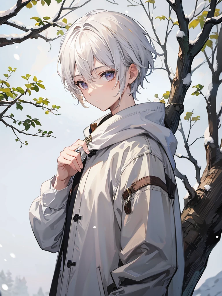 1boy, short white hair, brown eyes, detailed eyes, tree background, snow, simple clothes