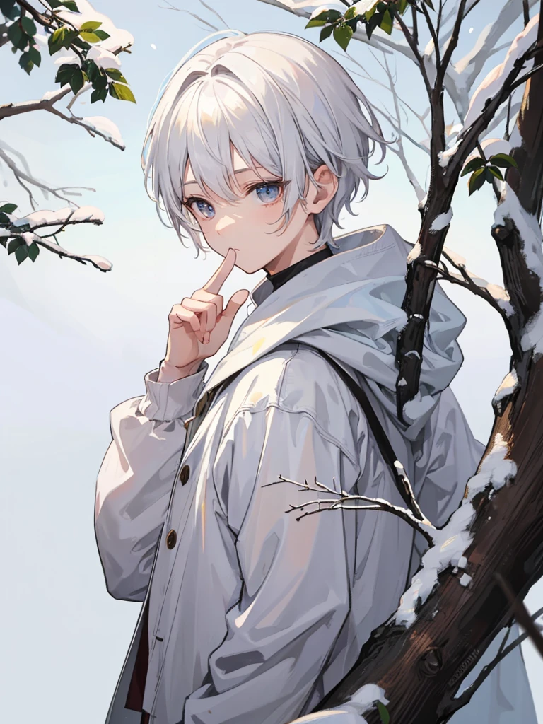 1boy, short white hair, brown eyes, detailed eyes, tree background, snow, simple clothes
