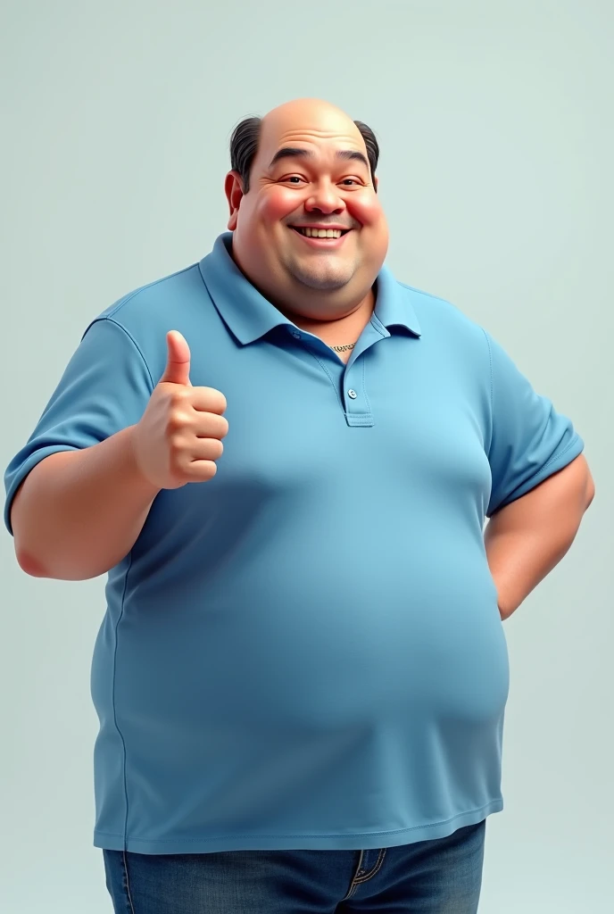 Imagine a man of approximately 40 years old, with a slightly corpulent body. He is bald on top of his head, but has hair on the sides, which is a little darker. He is wearing a blue polo shirt, and the bottom of the shirt is a little loose. He is smiling and giving a thumbs up with his right hand.. THE BACKGROUND IS SIMPLE, maybe a light solid color, so as not to divert attention from the character.