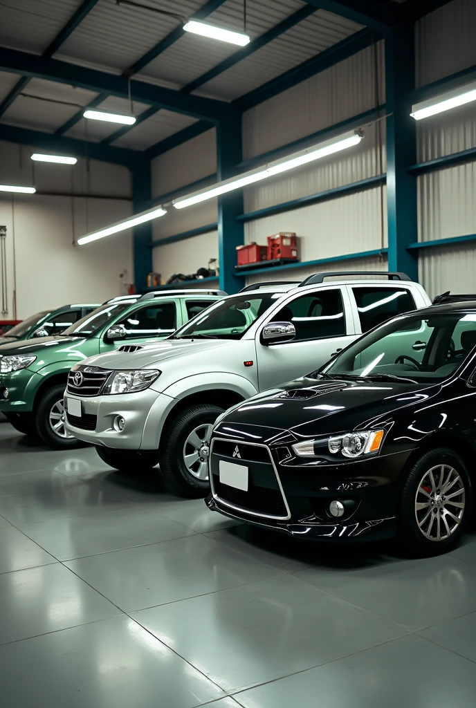 A car garage with Toyota hilux 2007 model in silver color, Toyota hilux tiger model in green colour and mitsubishi lancer 2008 model in black colour