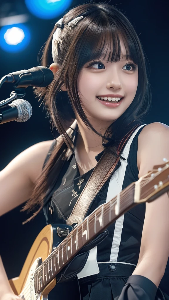((masterpiece, Highest quality, High resolution)), Japanese high school girl、(Realistic: 1.4), With a smile、Blushing、Open your mouth wide、Great face,Glossy lips、, ponytail、(Beautiful Hair:1.5),Beautiful idol dress、Beautiful legs、A concert with a large audience、On Stage、While playing the electric guitar、Sing with a microphone、Gazing at the audience、Front angle, Smooth, Highly detailed CG composite 8K wallpaper, High resolutionのRAWカラー写真, Professional photography, Light, BackLight, impressive, Written boundary depth, (Face close-up:1.3)