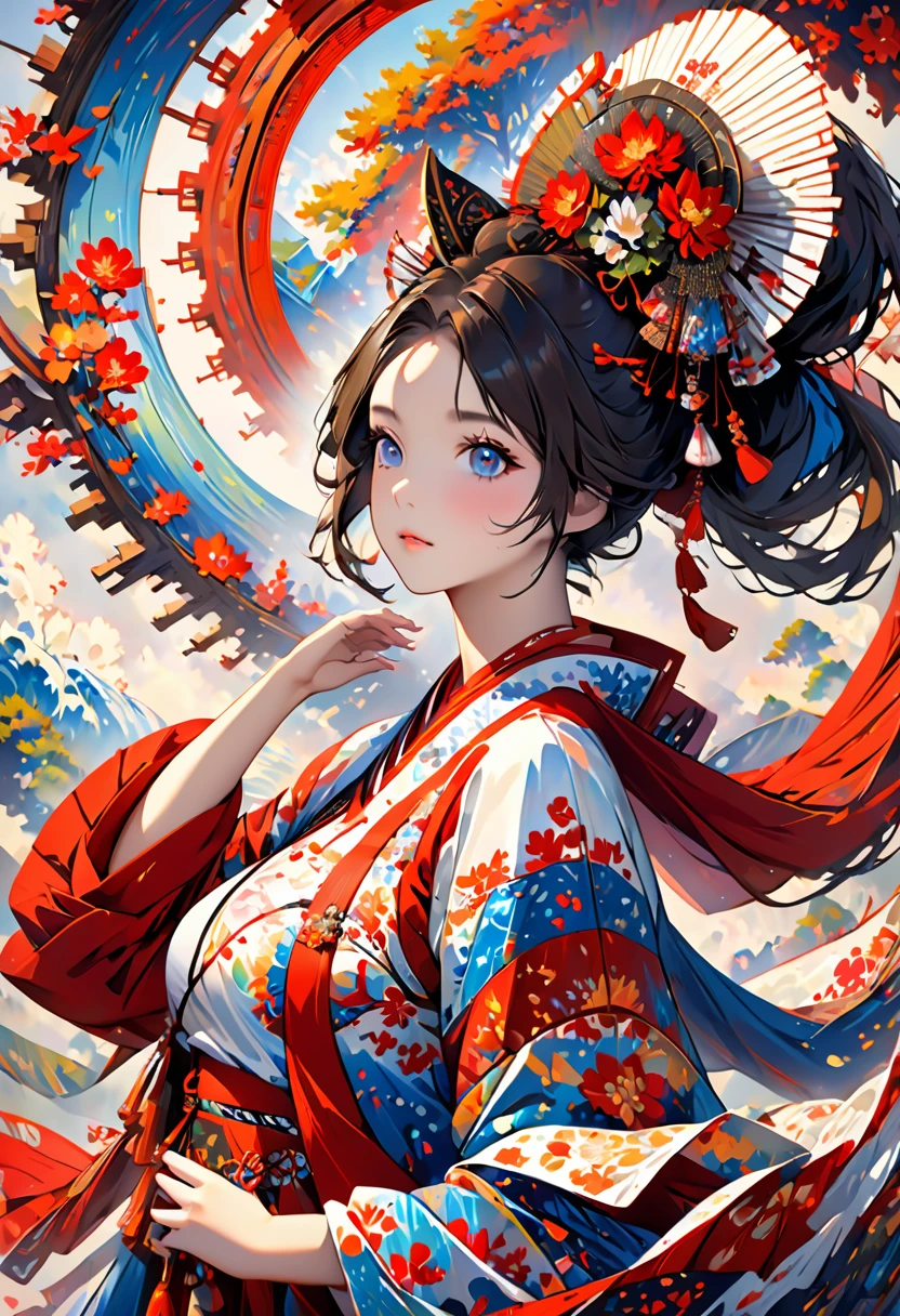 Ink painting, (((1 girl )), (((Tattoo in the middle of the forehead))), (((Oiran))), (((Great hair accessories))), Demon possession, , (((Masterpiece、Top quality للصورة、Highest quality、وحدة Very detailed 8kWall paper))), ((And covered with jewelry, an illustration of a single girl、All body covered))、(((beautiful girl))), (Masterpiece, Top quality, Best quality, Official art, Beautiful and aesthetic:1.2), A girl stood alone in front of an amazing work of art., Her eyes are wide with admiration., (Very detailed), Face up close, (Fractal art:1.3), All body covered بدقة, The intricate patterns and colors of the Fractal artwork surrounded her, Every line and curve is carefully designed..Colorful spirals and geometric shapes blend seamlessly., Resulting in the creation of a stunning piece that captured the essence of abstract beauty.. (Top detailed), Every little detail is meticulously drawn., She invited viewers to explore the depths of art and lose themselves in its complexities..