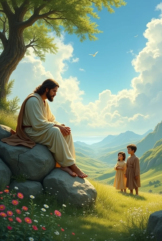 A green land with good sky and at left bottom Jesus sitting on stone teaching children 