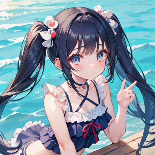 Navy twin-tails，Ruffled swimsuit，Fufu has a very cute face，It's a cute girl，In the pool，Have a swim ring，High-quality faces，Symmetrical eyes，High quality