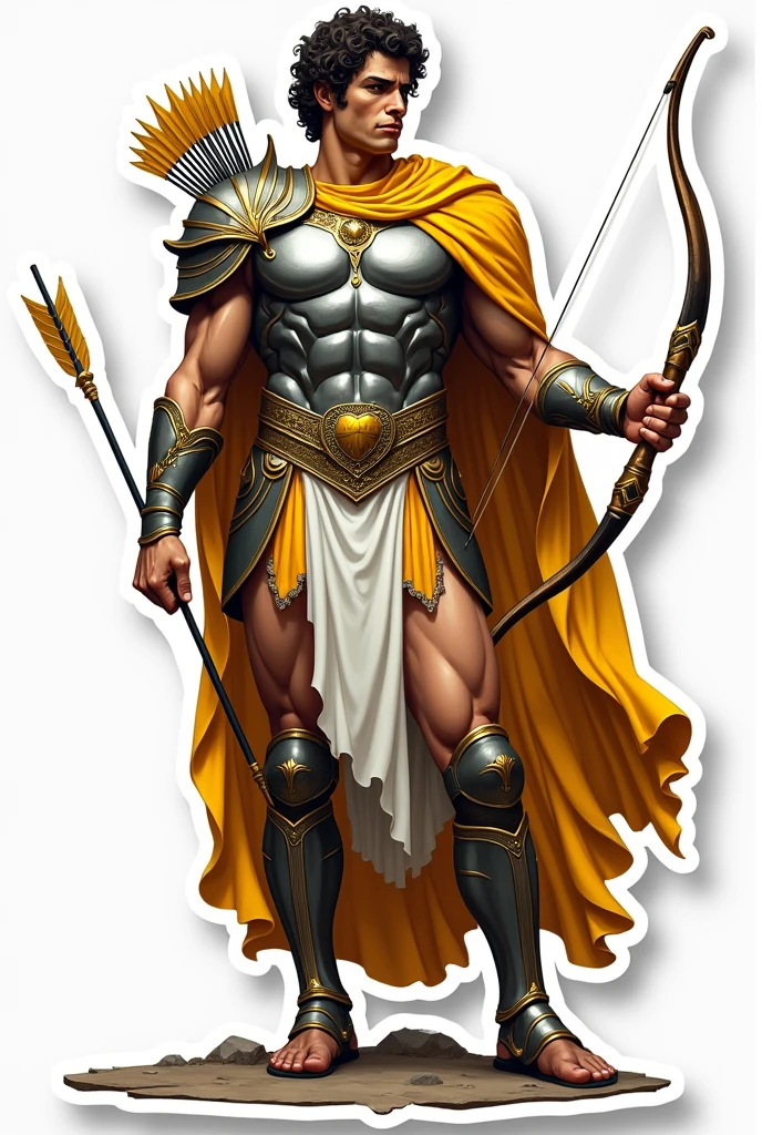 Apollo in an armour holding a bow and arrow . He is also holding a lyre. Make his face a little fierce.  No background. Sticker style. With touch of color yellow.