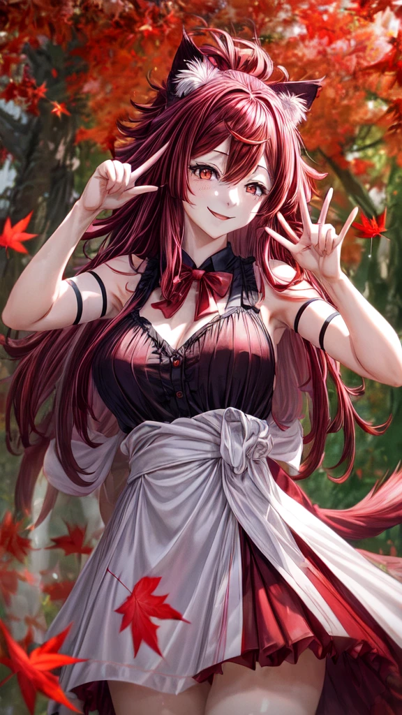 red maple tree.Falling red maple leaves,A lovely and charming girl,Pink long hair shawl,cat ear,Big breasts,Wearing a red ta skirt,bend over,Victory gesture,Lips slightly open,,Image fill, movie lighting effects, Showing tiger teeth/Showing fangs,