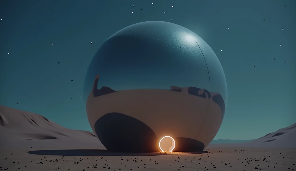 a massive mirror smooth sphere rest on the desert floor at night. a small door is open at ground level, spilling light onto the sand photo realistic