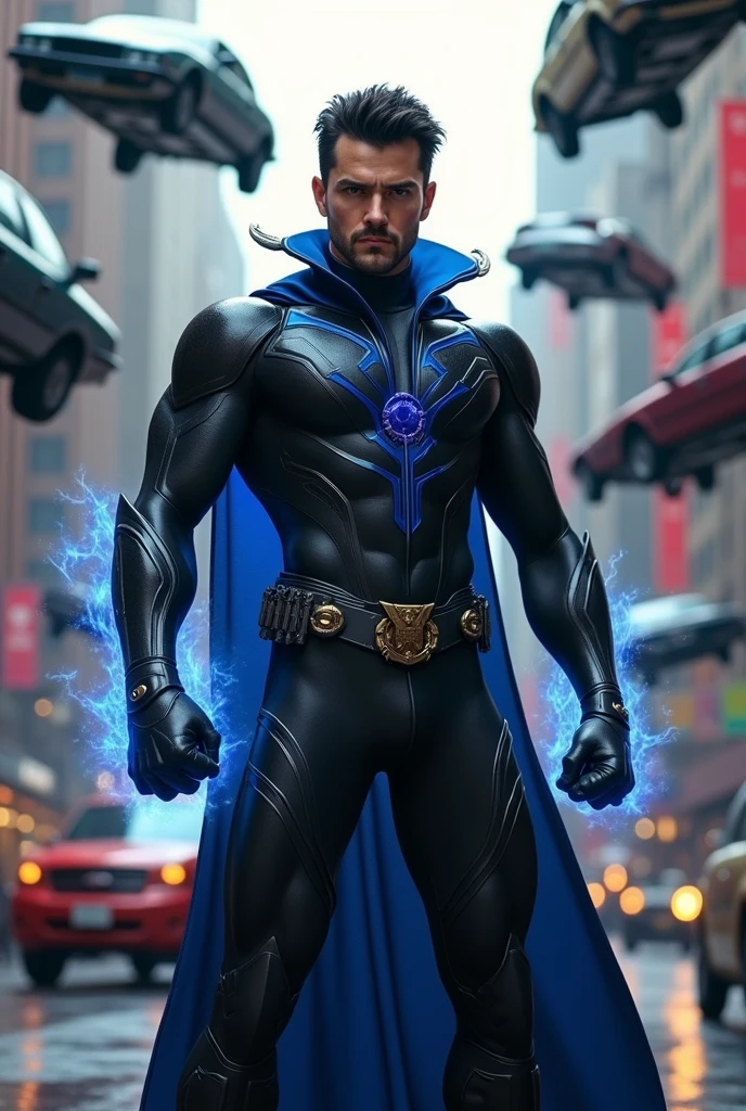 I want you to create a male character with metal control powers, modeled on Marvel's Magneto. He has black hair and black eyes, wearing a black superhero costume with blue details.. Using his powers to lift multiple cars
