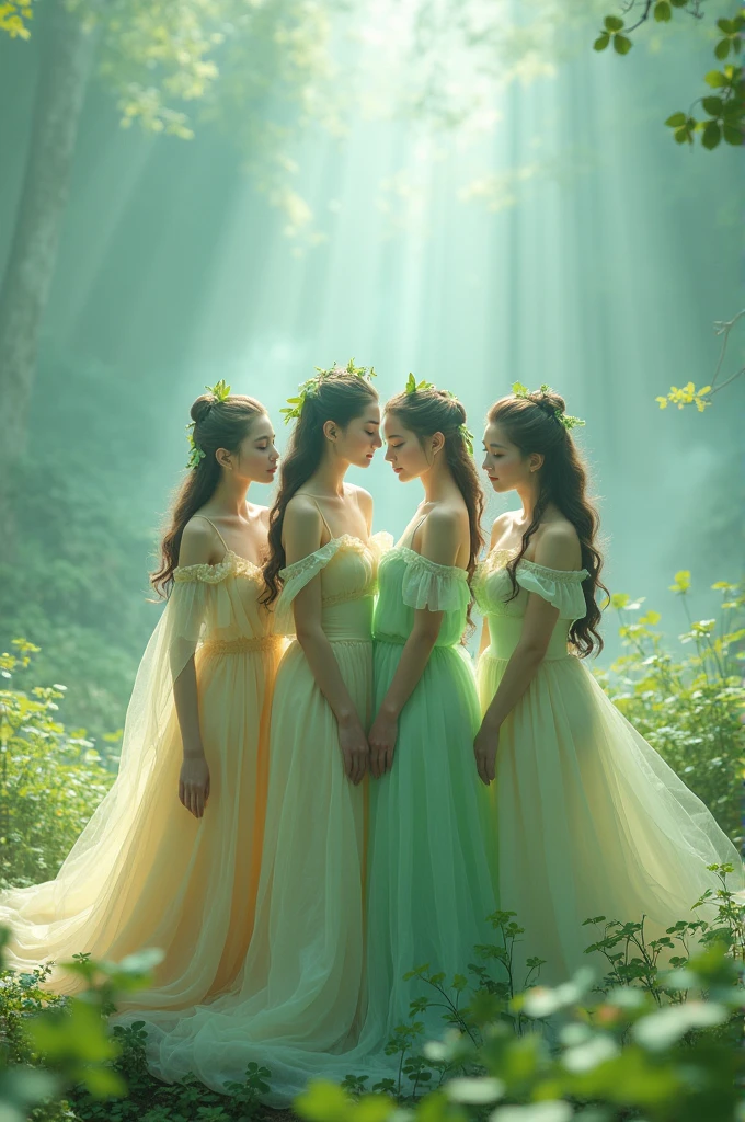 I'm taking photos for a new concept album. Create a girl group concept photo with the "Four-leaf Clover" style