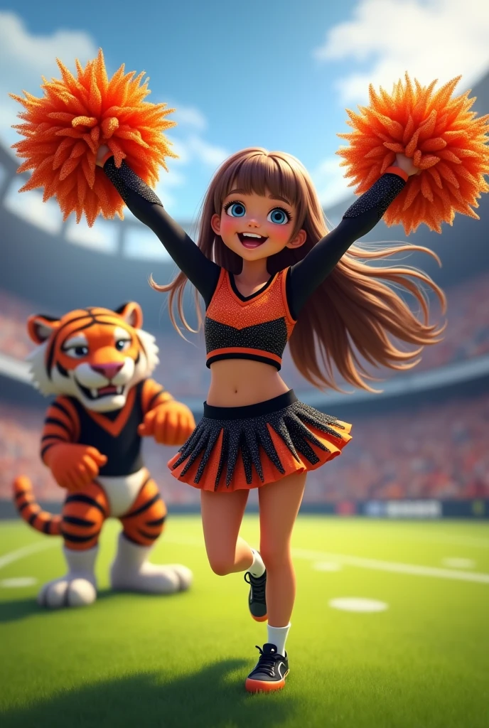 Bengals cheerleader child smiling
Brown hair, long, bangs, blue eyes on football field
Black & orange sparkly outfit with black shoes and no socks
Glitter Pompoms
Tiger