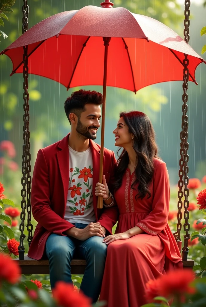 Slowly slowly rain with Ali and waniya with red flowers garden couple sitdown in a chain swing Ali plug in a umbrella and Ali red coat and flowers design t shirt  and waniya dress in a red frock and couple smiling faces with boy clean shave and couple shoes color is red and umbrella color is red in prompts 