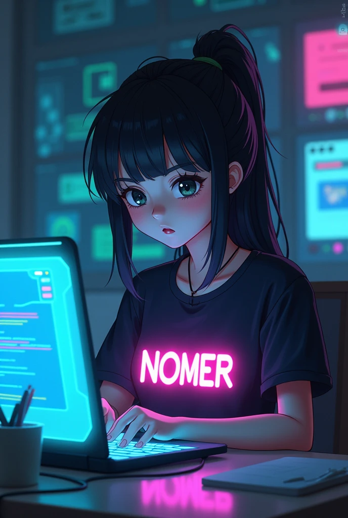 Cyberpunk style animation of a girl&#39;s name on her shirt while studying



