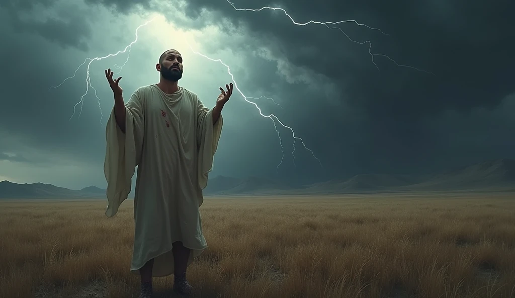 Create a realistic image of Job, as described in the Bible, depicting him in a desolate field. He must have a shaved head, visibly covered in ulcers and sores that spread from his feet to his head. His face expresses deep pain and anguish, as he raises his hands in supplication to God, crying for help. Ao fundo, a storm forms dramatically in the sky, symbolizing the manifestation of the divine presence as an answer to their prayers. The atmosphere must be charged with tension, with dark clouds and lightning illuminating the scene, reflecting both the desolation of Job and the majesty of God's power. The color palette should be dark, with shades of gray and dark blue, highlighting the seriousness of the situation, but also bringing to light hope in divine intervention.