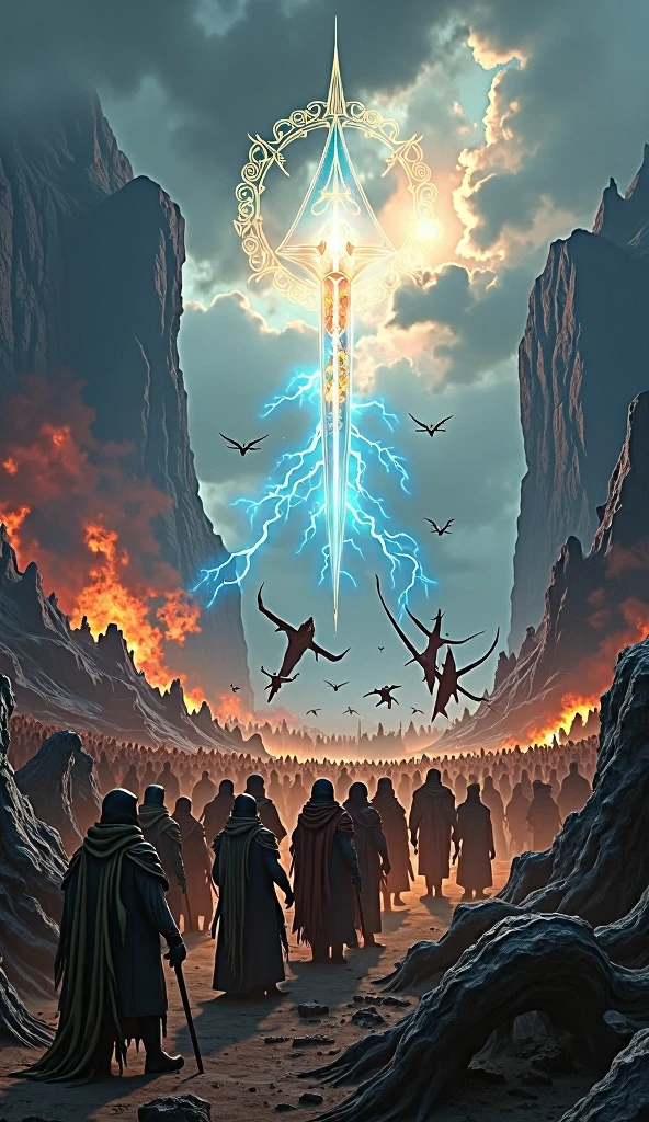 detailed high quality dark fantasy illustration, ultra realistic, two opposing sides clashing, one side with humans elves dragons and beasts, the other side with dark twisted nightmarish beings, ultinium crest text, detailed characters, detailed environments, dramatic lighting, lush colors, hyperdetailed, op art, anime style, depth of field, best quality, 8k, intricate details