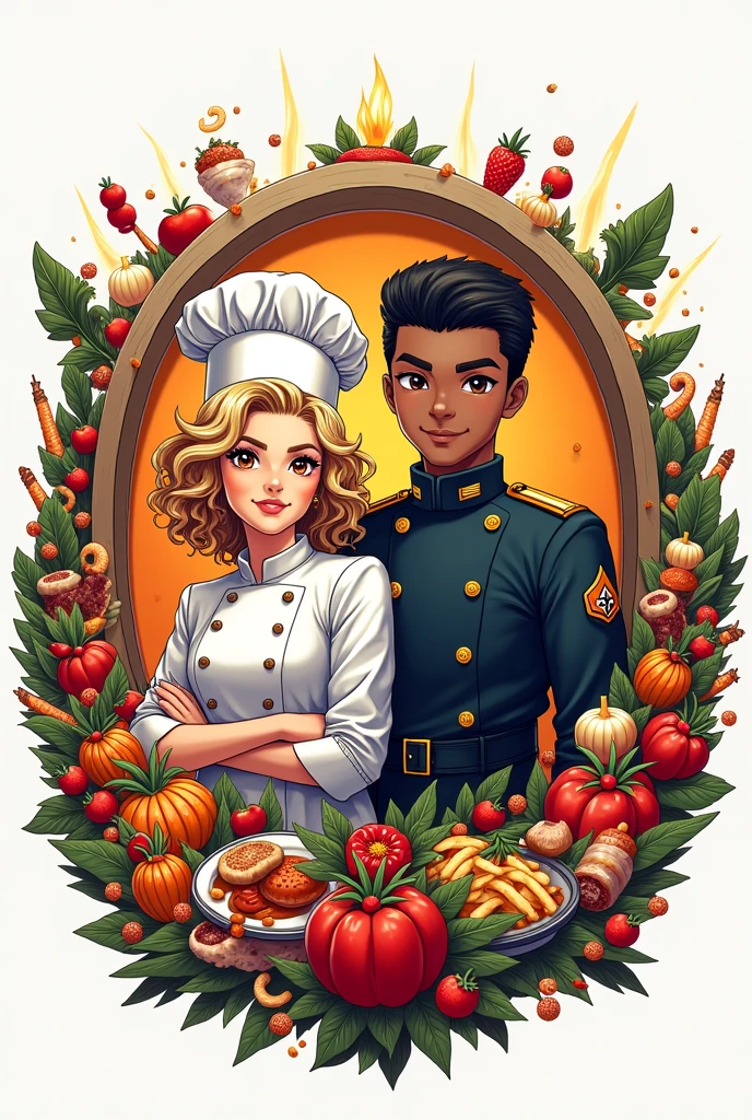 Create me a circular logo for my restaurant where a blonde curly-haired woman with brown eyes appears, who is the chef, next to a black-skinned soldier. (military cut) where both are surrounded by lots of food, Everywhere there is food on them too . I need it to be creative, urban type and anime style 
