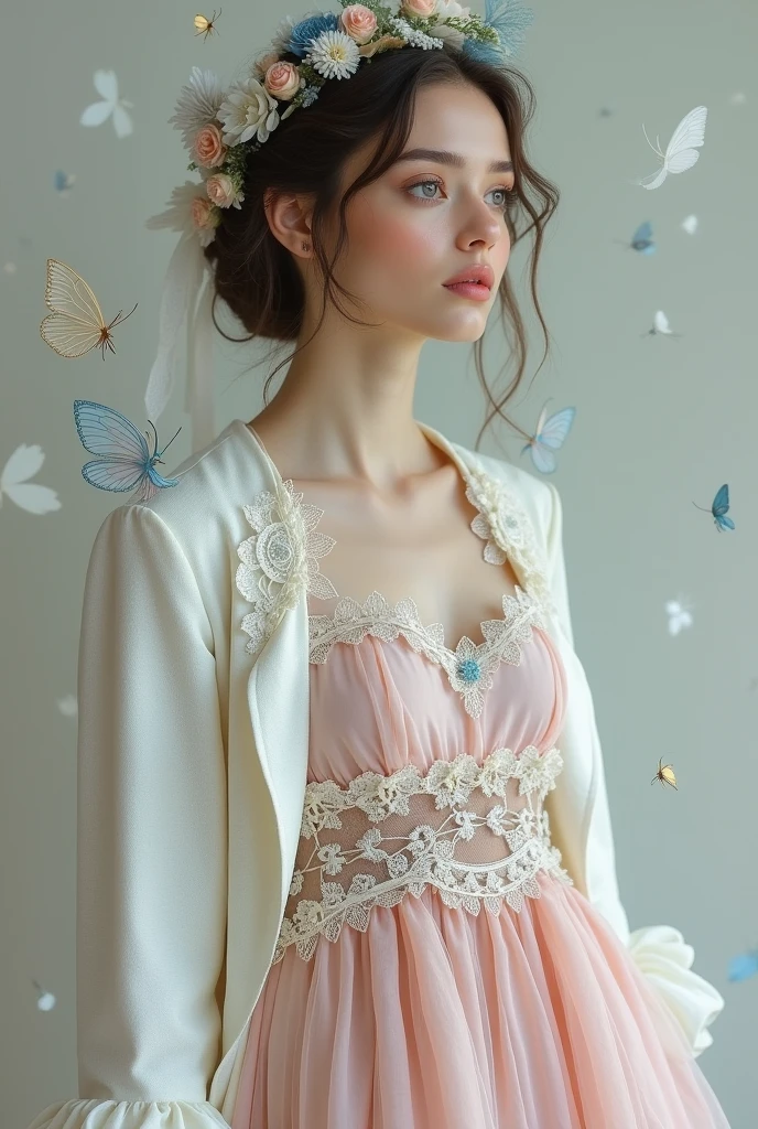 Pale pink dress, tight, full of flyers, Silk layers decorated with white and blue lace, light short coat, of white linen, old style, Full dress, head on 