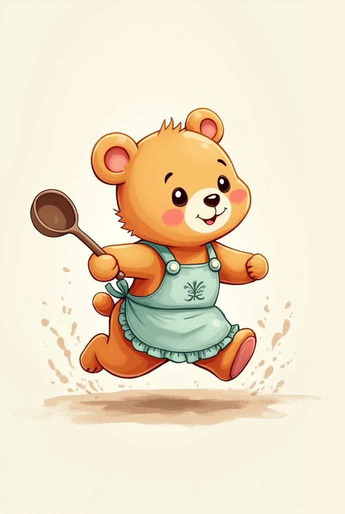 Pastel color ink painting、A cute bear wearing an apron and holding a ladle, running with a smile、Side view