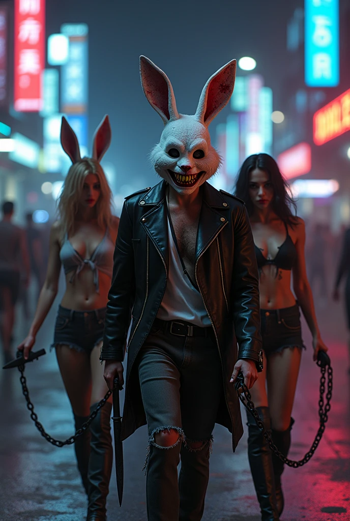 lizoldBS_soul3142, 1 male, different furry White bloody rabbit mask with creepy smile and yellow bloody teeth, completely Black torn hoodie, 2 females, wearing sexy aand tank tops, standing in the city street at night, neon lights in the background, steampunk, dystopia, ethereal, detailed, masterpiece, best quality, dramatic lighting, full body, torn Black pants, blood stains, walking to camera, holding ritual knife in the right hand, massacre in the background, chains in left hand, horror