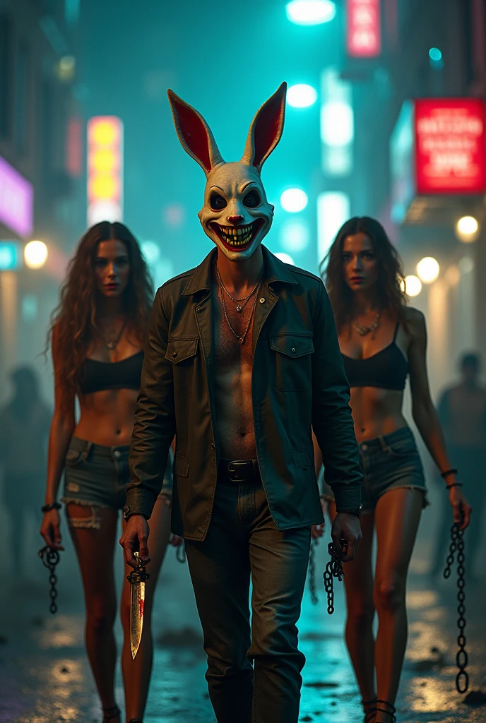 lizoldBS_soul3142, 1 male, different furry White bloody rabbit mask with creepy smile and yellow bloody teeth, completely Black torn hoodie, 2 females, wearing sexy aand tank tops, standing in the city street at night, neon lights in the background, steampunk, dystopia, ethereal, detailed, masterpiece, best quality, dramatic lighting, full body, torn Black pants, blood stains, walking to camera, holding ritual knife in the right hand, massacre in the background, chains in left hand, horror