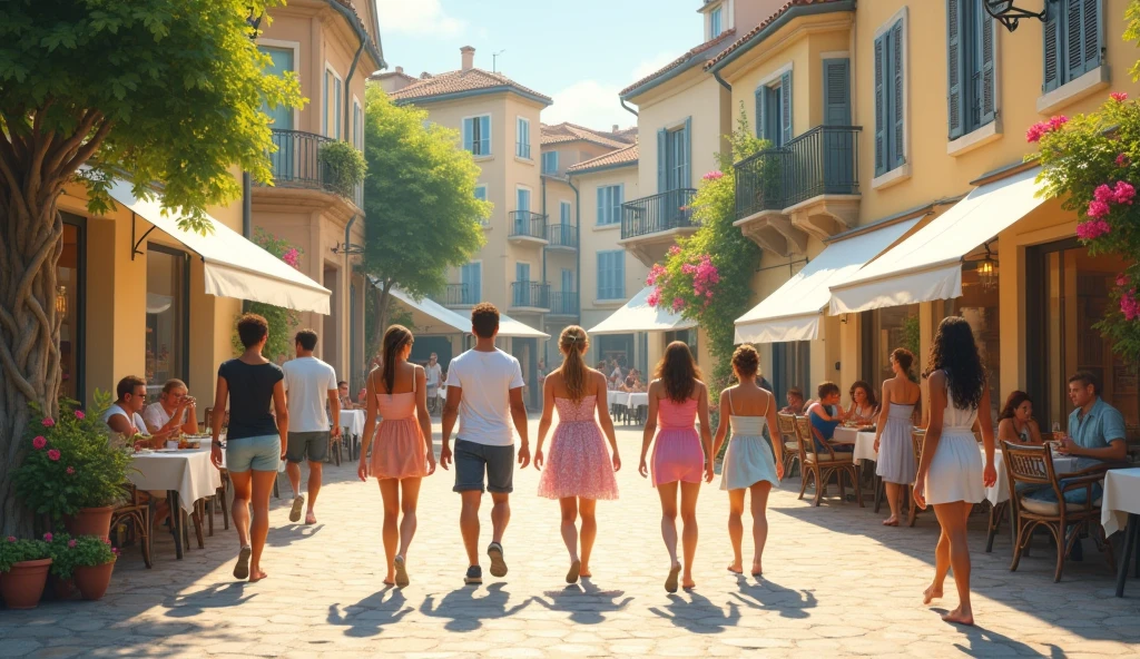 Group of people walking through a square in Provence. In the background you can see a café, restaurant, etc. Noon. Style by David Hamilton.