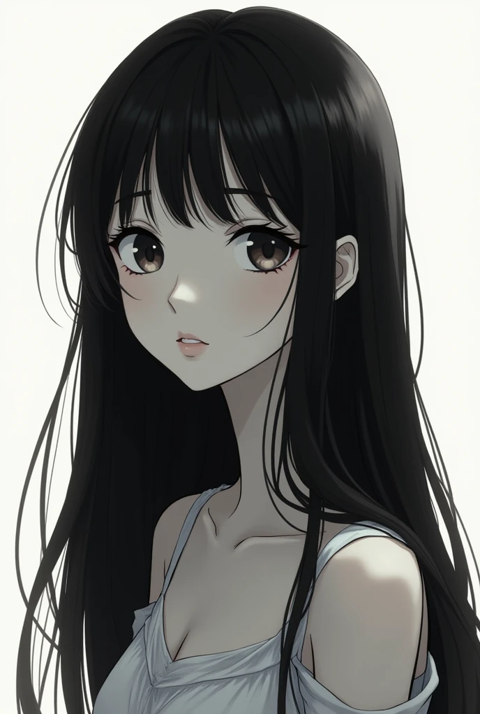  long black hair girl anime style 2d to black and white