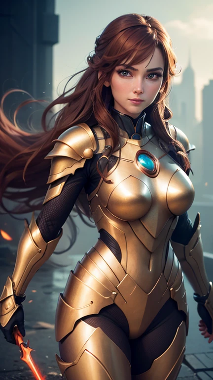 Full-length hyperrealistic photograph of a beautiful woman, hair bobbles, wince, longeyelashes, solid circle eyes, light smile, ear blush, fang, ccurate, shiny red and gold tight armor suit, brown hair, Surrealism, drop shadow, anaglyph, stereogram, tachi-e, pov, atmospheric perspective, 8k, super detail, best quality