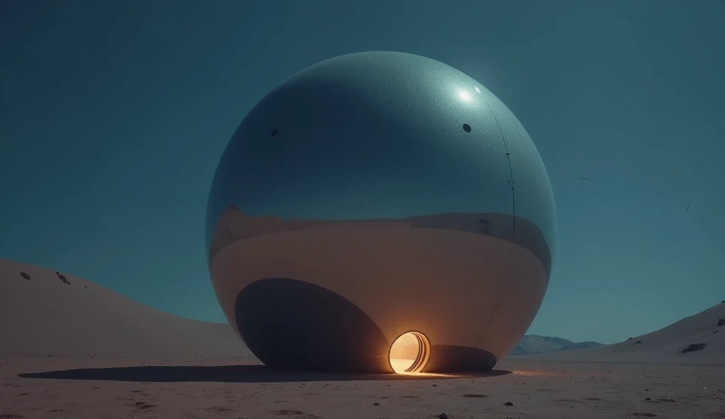 a massive mirror smooth sphere rest on the desert floor at night. a small door is open at ground level, spilling light onto the sand photo realistic