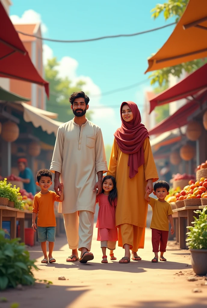 A man wearing pajama and kurta and his wife wearing hijab going to market with children