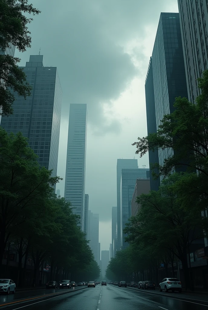 a city in cloudy weather with trees nearby 