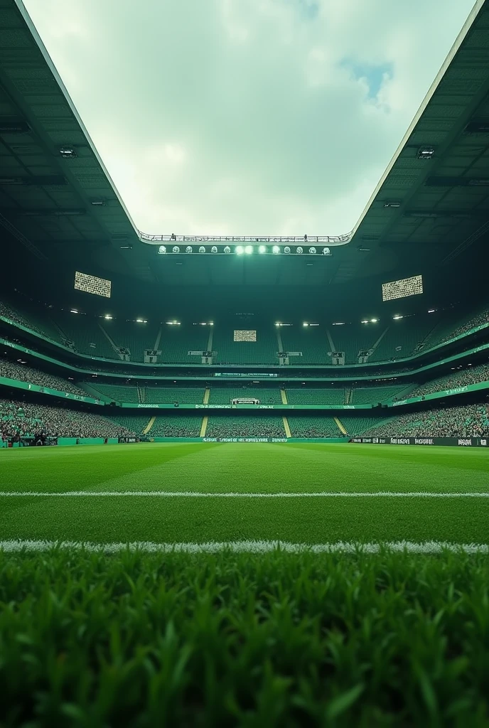 Create an image of small football stadium stands that are green and black., and the image is seen from the front. That only a couple of stands are visible and that the image is taken from the grass of the stadium but that the focus is on the stands. 