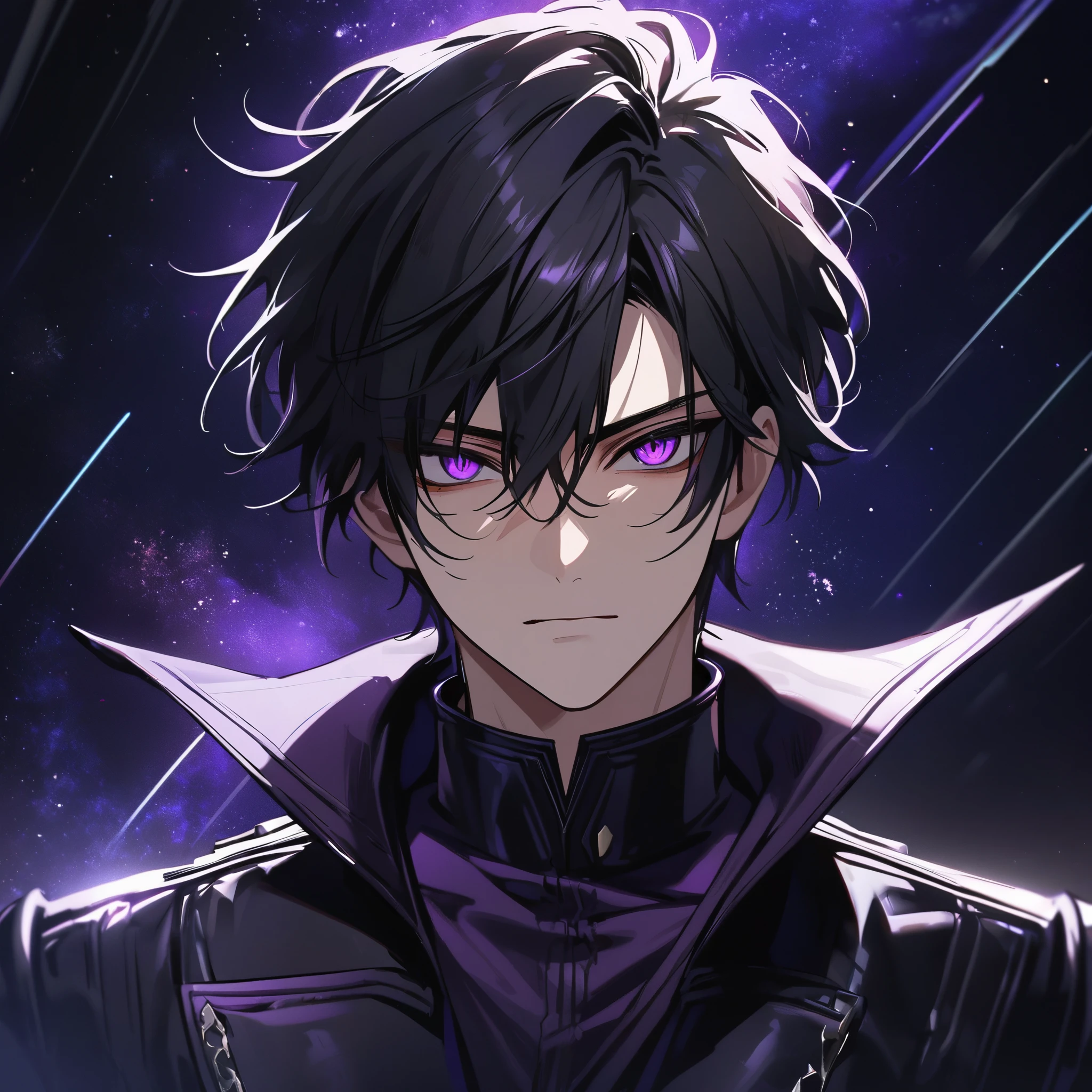 High quality, HD, 4k, no shadows, handsome male, handsome, extremly handsome, 1male, 1 male, teenager, pure black hair, short black hair, dark hair, black hair, jet black hair, sharp eyes, deep purple colored eyes, dark purple colored eyes, deep violet eyes, violet eyes, devil may cry, close up, calm expression, stoic expression, black leather clothes, black leather clothing, leather clothing, lean body, well trained body, upper body, looking at viewer, cowboy shot, white solar, space background