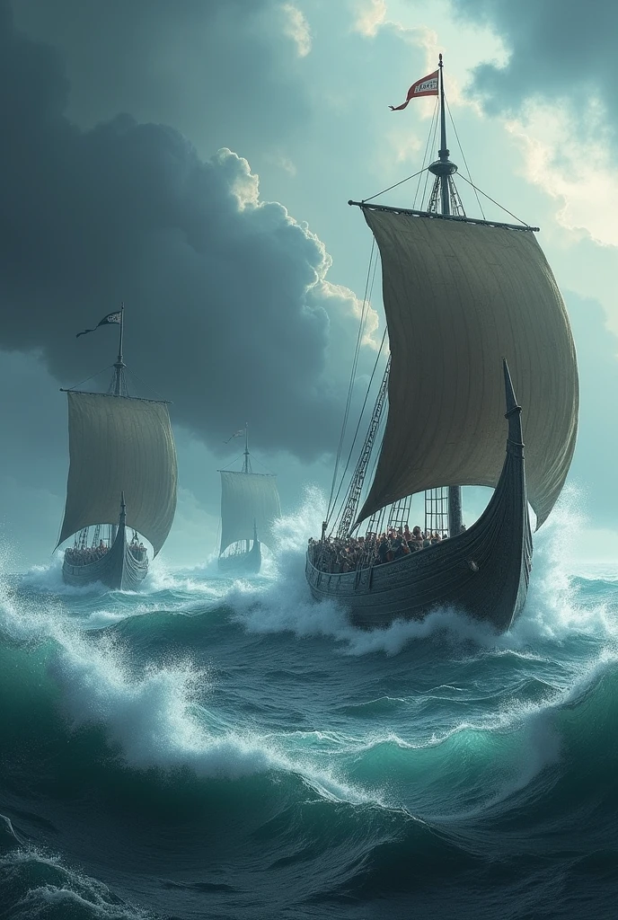 Viking ships destroyed by the waves.