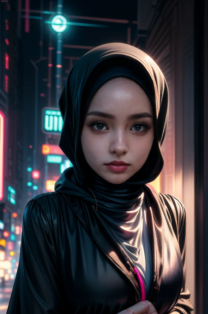 (Neon Cyberpunk Hijab: 1.5), wearing sunhat, [Style: Neon Cyberpunk: 1.3], (RAW Photos: 1.2), (Perfect Eyes: 1.5)),  (Photorealistic: 1.4), (Masterpieces: 1.3), (Best Quality: 1.4), Dreamy, (Detailed Eyes), (Detailed Facial Features), ( (8k:1.27), best quality, masterpiece, Hijab hair, ultra highres:1.2) Photo of Pretty woman (beautiful:1.1) (sci-fi woman:1.1), (Hijab cloak: 1.61) (Hijab leather Coat:1.21) intricate elegant, fantasy, detailed, ometric by greg rutkowski and alphonse mucha, gradient lighting
